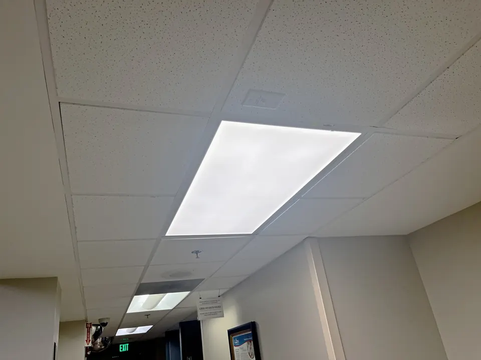 Corridor ceiling with the new LED flat panels lit