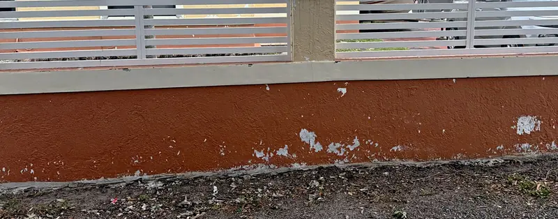 Front wall before: peeling orange paint and damaged stucco